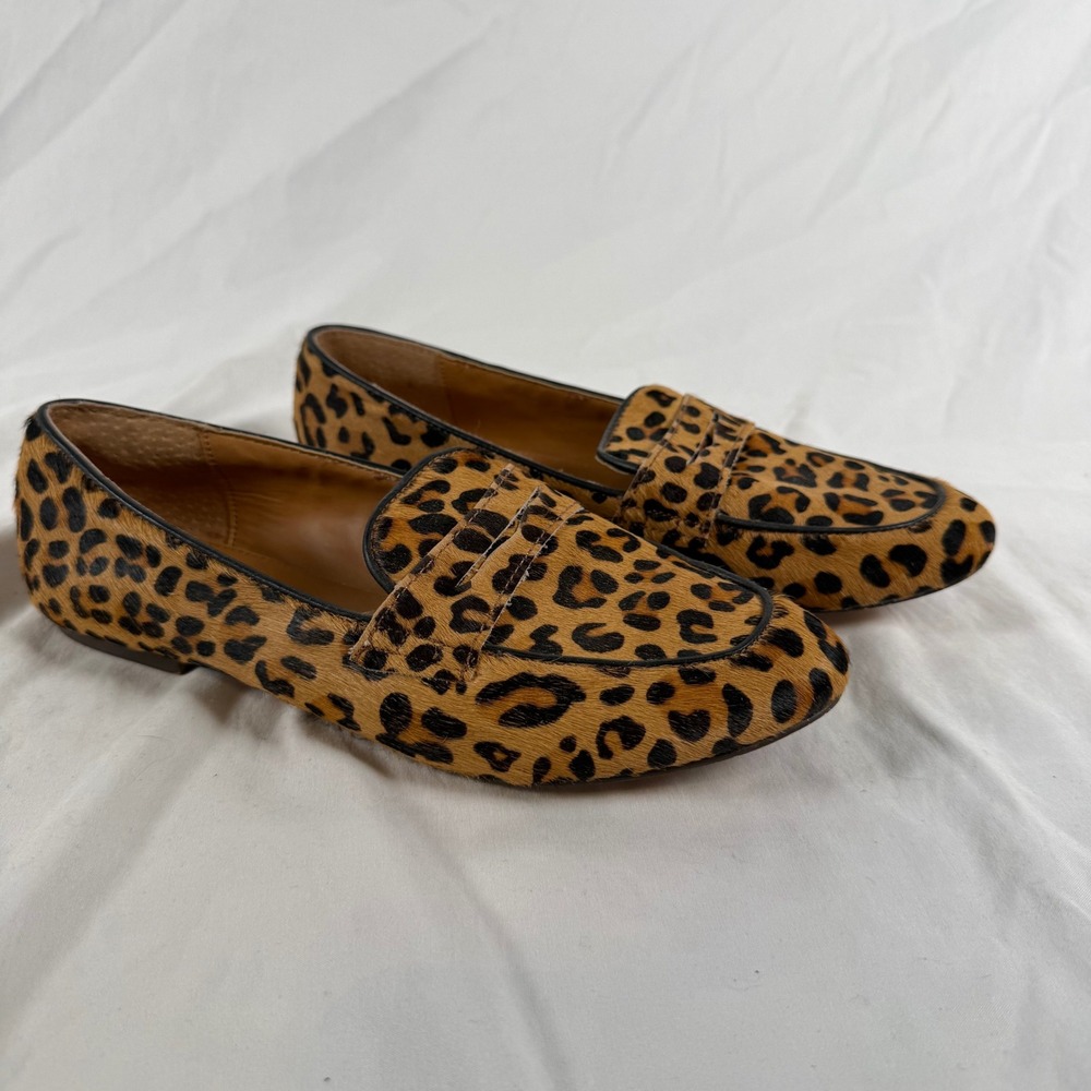 J.Crew Leopard Calf Hair Penny Loafers Brown Black Animal Print Flats Size 6